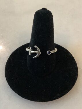 Silver Tone Anchor Open Ring with Blue Accent, Brand New